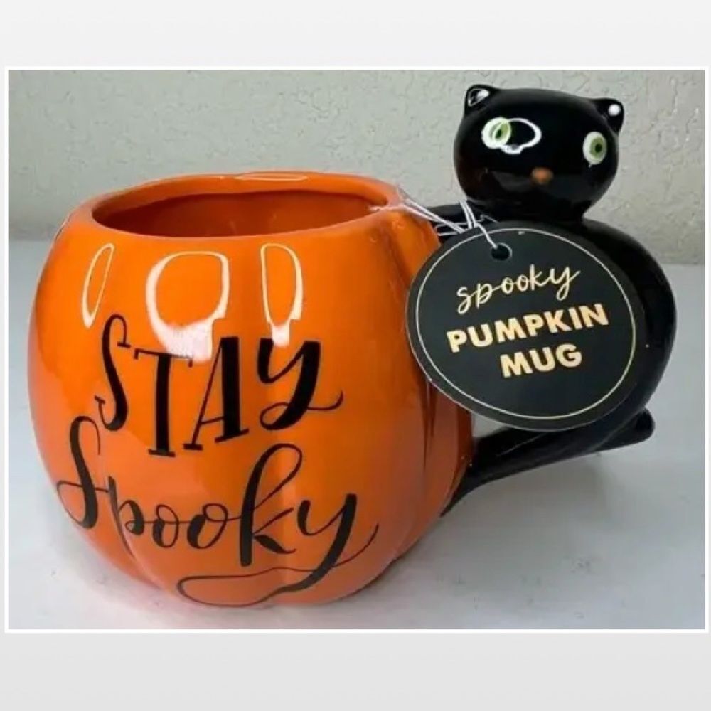 New ECCOLO Mug Coffee Orange Pumpkin Black Cat Home Halloween NWT - Picture 2 of 12